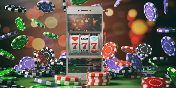 Mobile casino concept with coins and slots