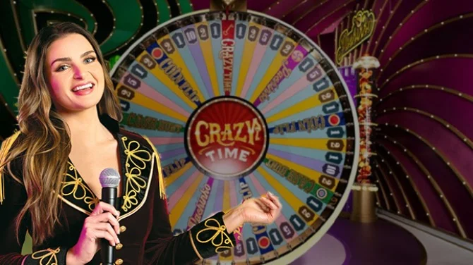 Crazy Time live studio with host and wheel